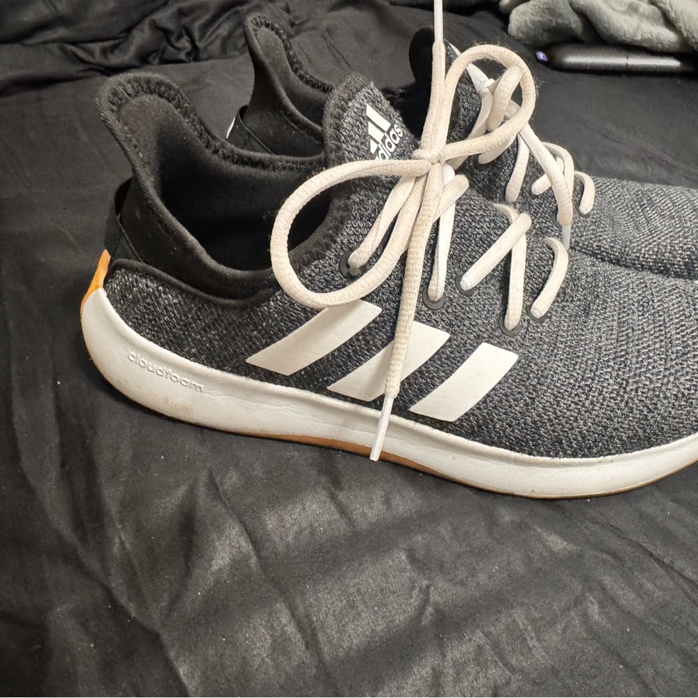 adidas Gray Knit Sneakers with White Stripes and Orange Heel Tab